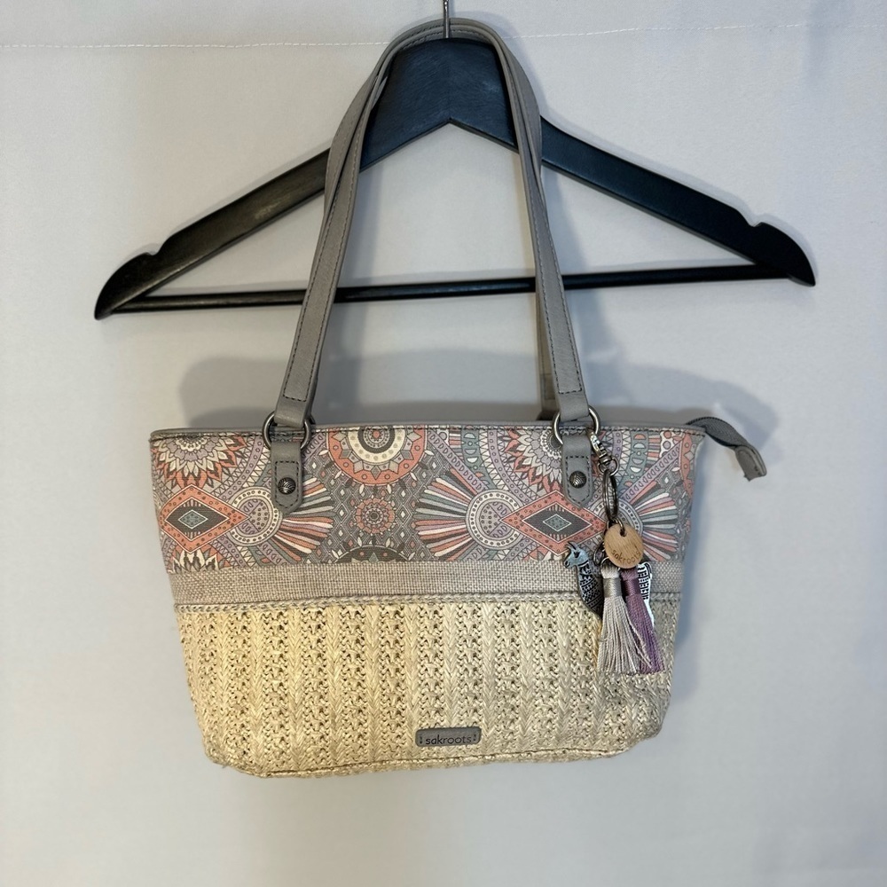 The Sak Sakroots Ellis Satchel Hobo Tan Gray Straw Leather Shoulder HandBag Tote - Picture 12 of 13